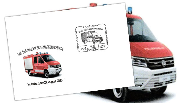 Feuerwehrfahrzeuge: Vier Stempel der Philatelisten-Jugend